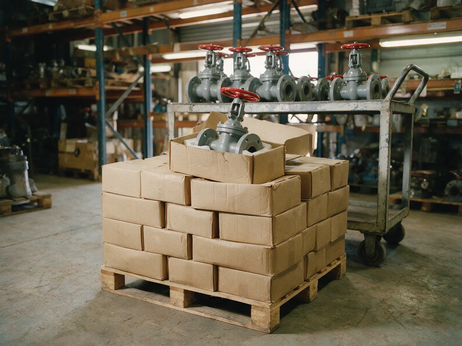 Palletised cartons of valves stacked in front of warehouse racking, flanged valves on a trolley behind