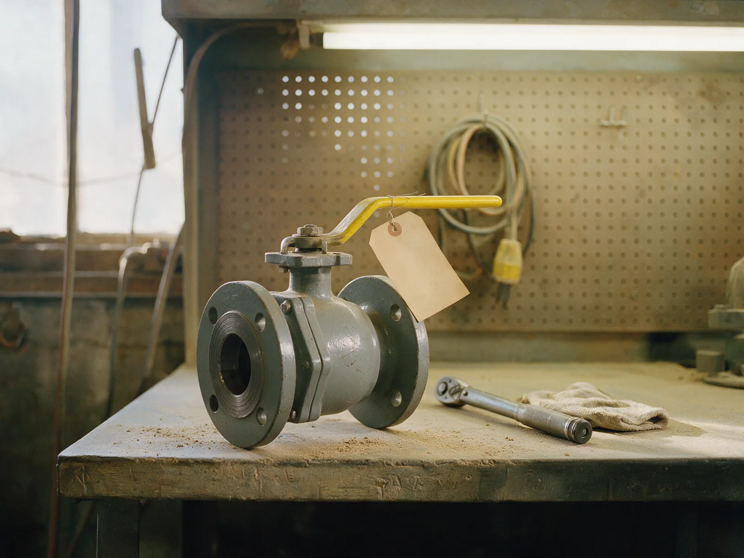 A flanged ball valve with a lever handle on a workbench, a blank tag wired to the handle